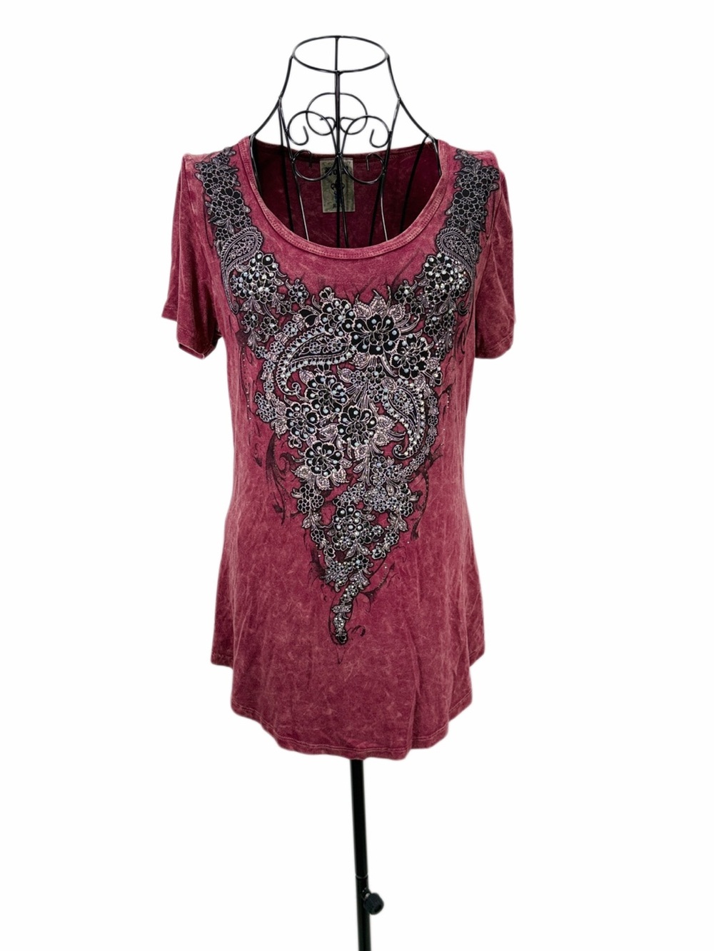 Vocal Small Burgundy Rhinestone Fleur de Lis Western Y2K Top